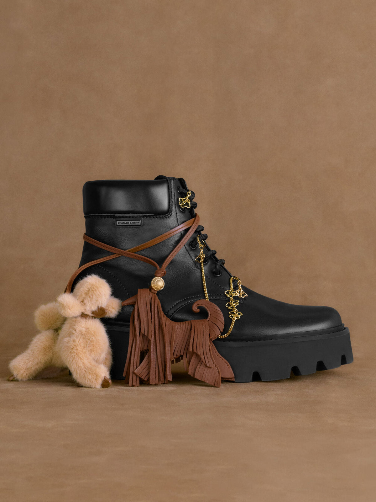 CHARLES & KEITH New / Leather Fringed Dog Charm - Chocolate