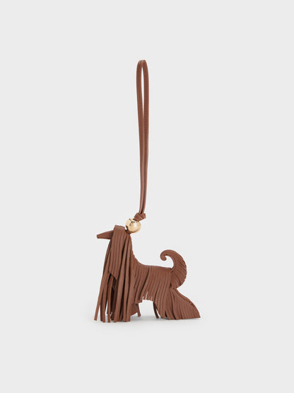 CHARLES & KEITH New / Leather Fringed Dog Charm - Chocolate