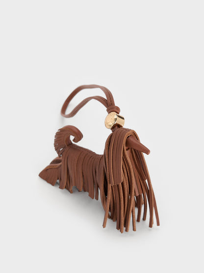 CHARLES & KEITH New / Leather Fringed Dog Charm - Chocolate