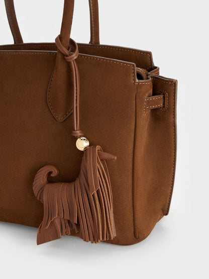 CHARLES & KEITH New / Leather Fringed Dog Charm - Chocolate