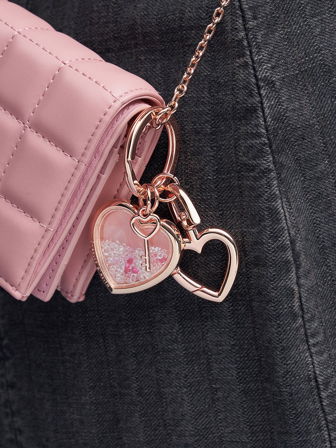 CHARLES & KEITH Special Offer / Heart Lock Crystal Keychain - Rose Gold