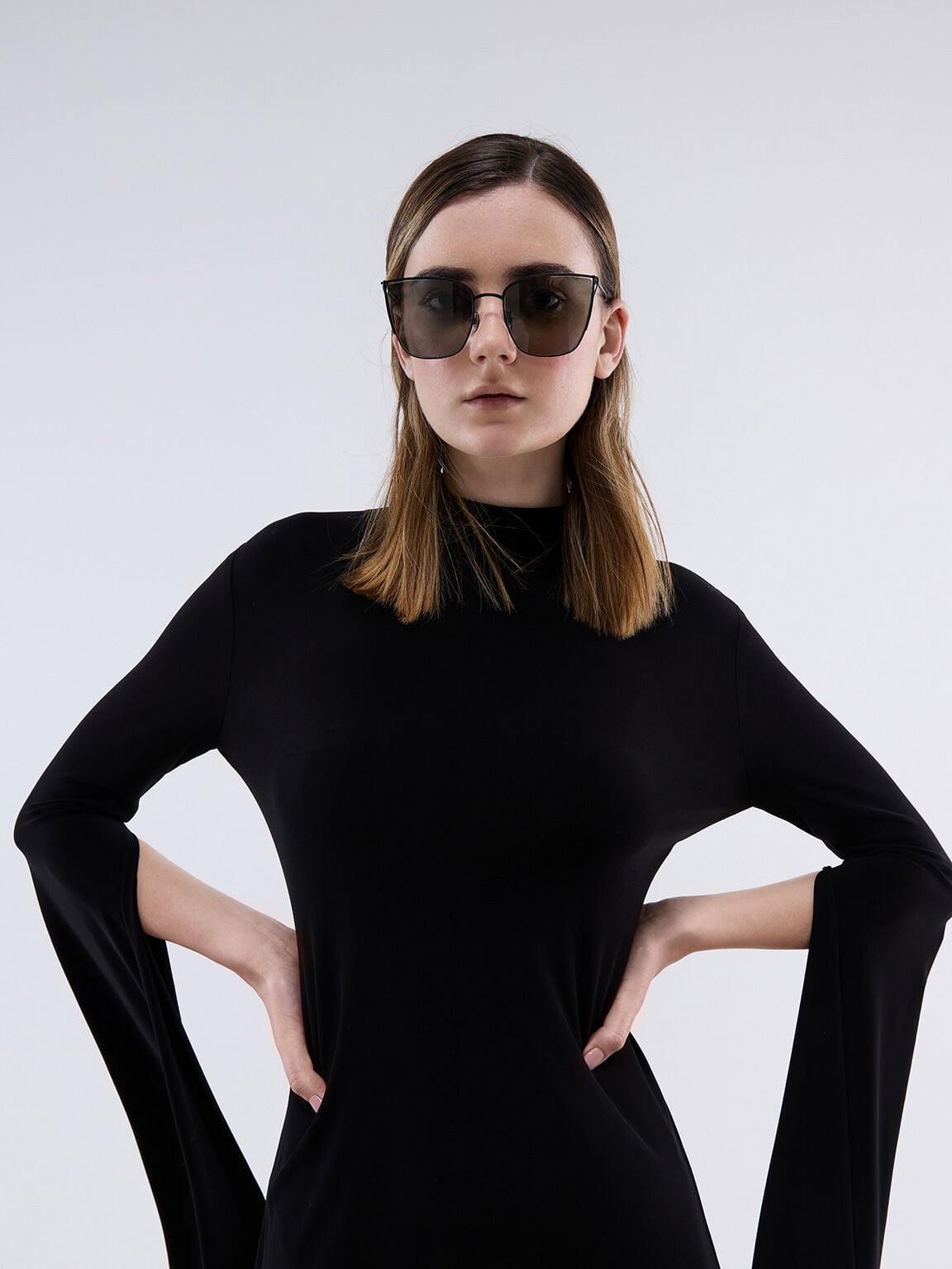 CHARLES & KEITH Essential / Shea Metallic-Rim Square Sunglasses - Black